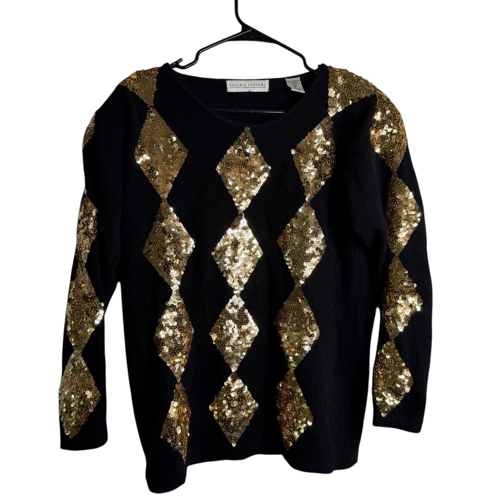 Vtg Valerie Stevens Women's Sweater Black Sz M Lambswool Sequins Cocktail